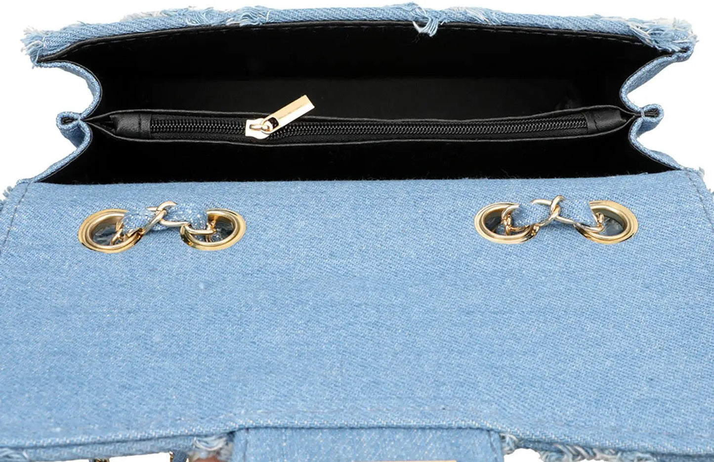 Frayed Denim Chain Sling Bag — Trendy Statement Shoulder Purse