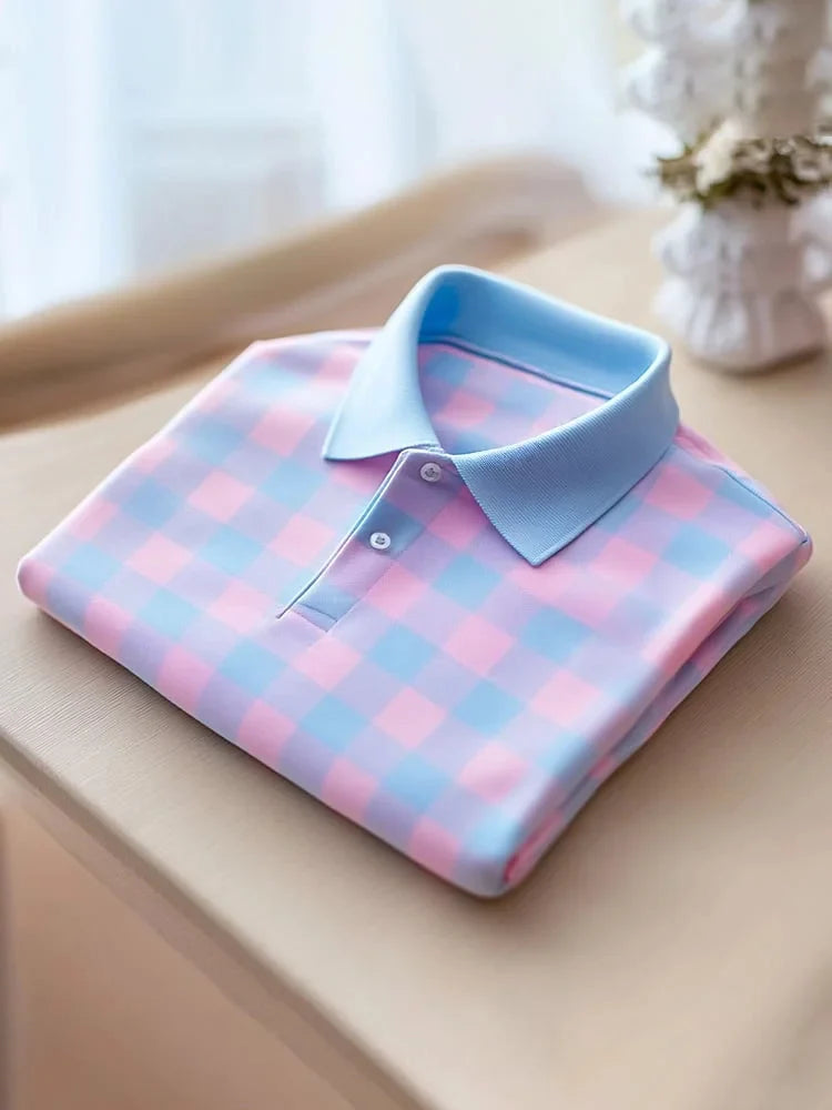 ELVAN Trendy Plaid Button Polo Shirt – Modern Loose Fit Wear
