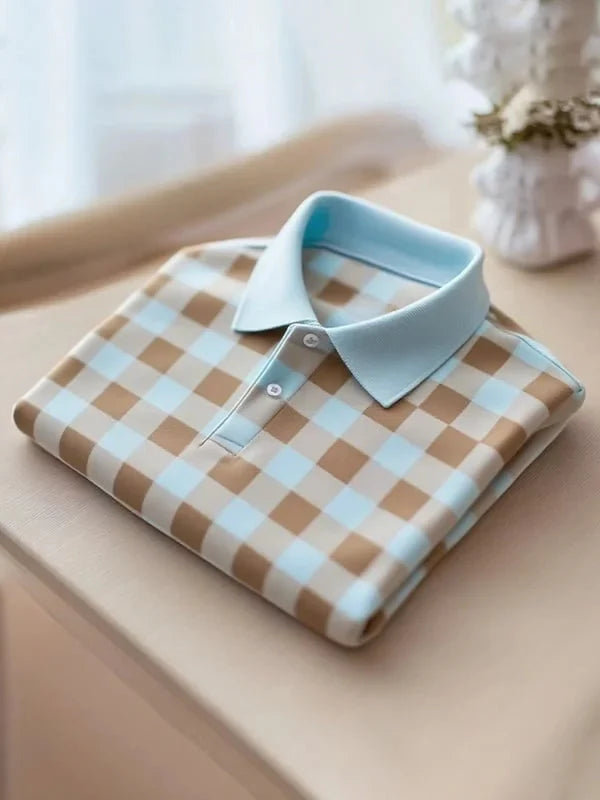 ELVAN Trendy Plaid Button Polo Shirt – Modern Loose Fit Wear