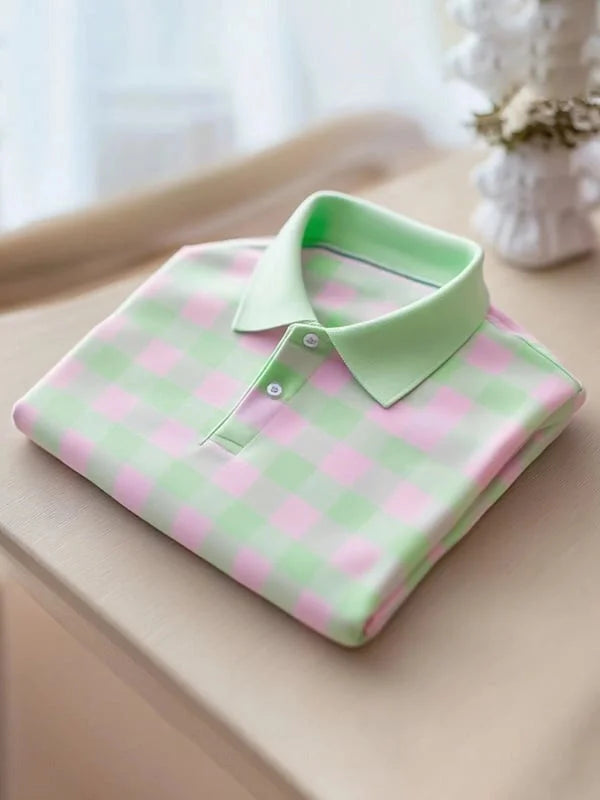 ELVAN Trendy Plaid Button Polo Shirt – Modern Loose Fit Wear