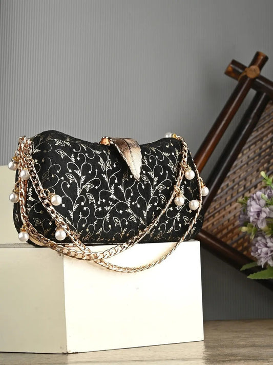 Black & Gold Printed Pearl Chain Clutch — Elegant Party Sling Bag