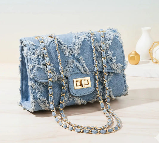 Frayed Denim Chain Sling Bag — Trendy Statement Shoulder Purse